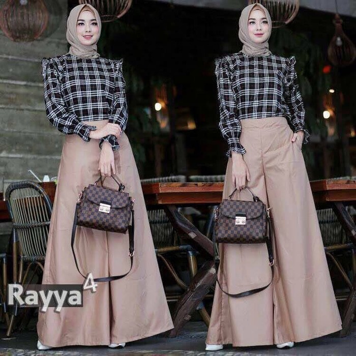 BAJU MUSLIM RAYYA SET NAVY & COKLAT BLOUSE KATUN BURBERRY PREMIUM + KULOT BALOTELI