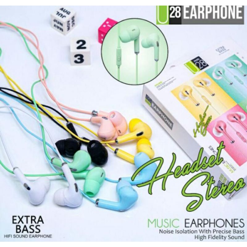 HF Headset Stereo Hf U19 U28 Extra Bass Warna Macaron Harga Murah kwalitas bagus