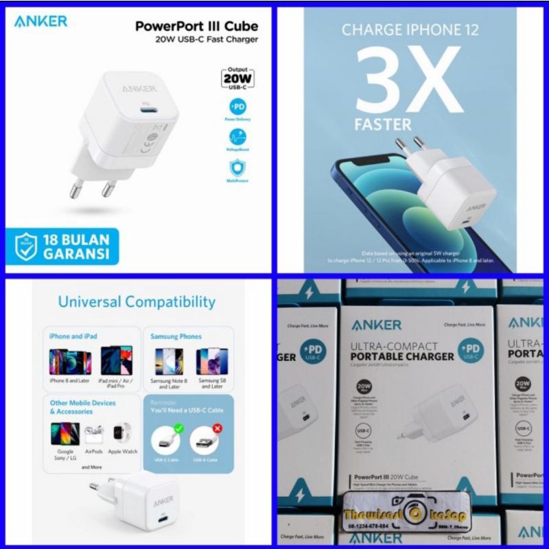 Anker PowerPort III Cube 20W A2149 Charger Adapter PD iPhone 11 12 13 USB C Fastcharging