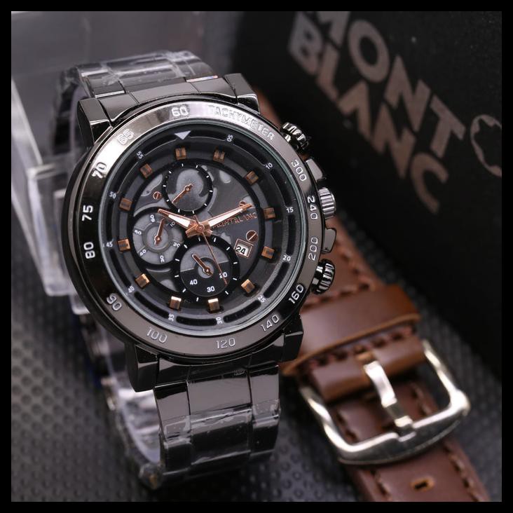 Jam Tangan Montblanc Paket Sk58Hb Rantai Black + Leather Dark Brown
