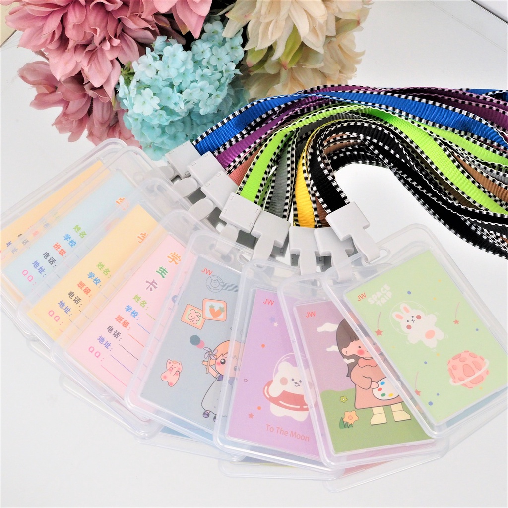 Lanyard ID Card Holder Korea 2 Sisi Name Tag Tempat Kartu Kerja ID Card Tali Gepeng Warna Cover Plastik Transparan