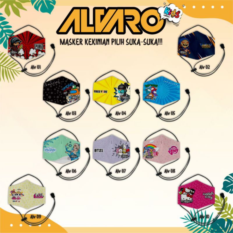 READY MASKER ANAK PREMIUM ALVARO/Masker anak Bt 21, Among Us, FF,mobil legenda, LOL, hellokitty