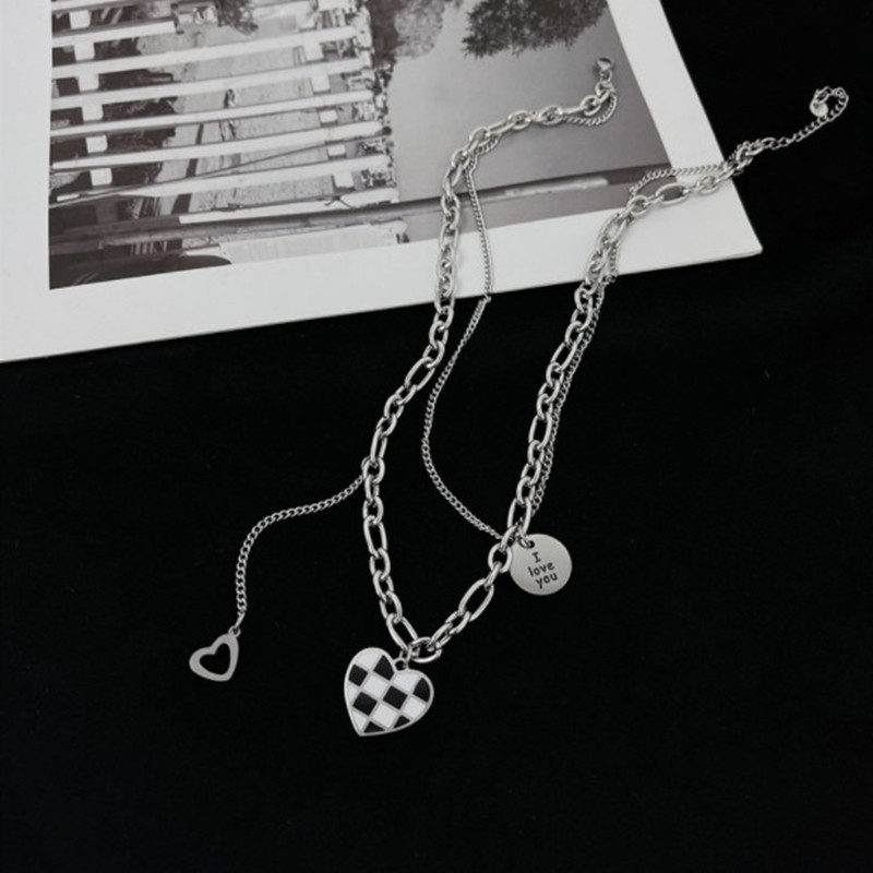AY(CN) Kalung Choker Rantai Rumbai Ganda Warna Hitam Dan Putih Dengan Liontin Hati Untuk Wanita