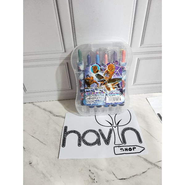 CRAYON PUTAR PENDEK MIKA 12WARNA/KRAYON PUTAR MIKA/ROLLING CRAYON MIKA-CrPUT MIKA SPIDERmAN