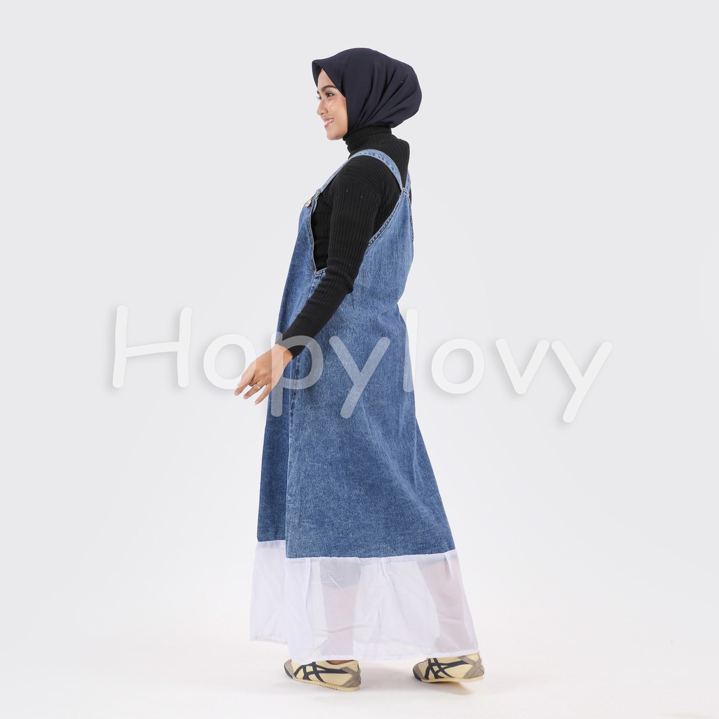 HOPYLOVY - Overall Rok Panjang Jeans Washed Aura Kombinasi Sifon Putih