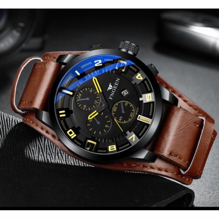 *JHP* JAM TANGAN PRIA IMPORT FNGEEN ORIGINAL TALI KULIT COKLAT TAHAN AIR KEREN ANALOG