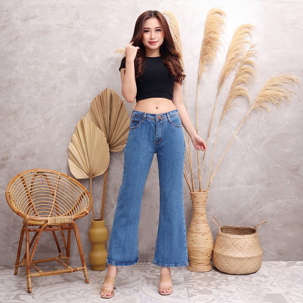 MAGCU - Celana Highwaist Boyfriend Cutbray Jeans Wanita - Boyfriend Cutbray Avici Boot Cut 27-34