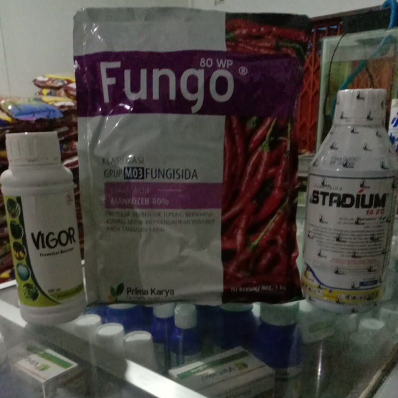 PAKET LENGKAP OBAT CABE INSEKTISIDA STADIUM KEMASAN 1 LITER FUNGISIDA FUNGO KEMASAN 1 KG NUTRISI VIGOR 500ML