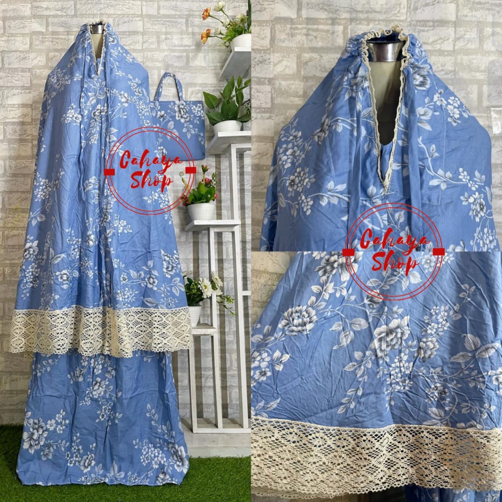 TERBARU MUKENA KATUN JEPANG RAJUT SHABBY VINCA BIRU