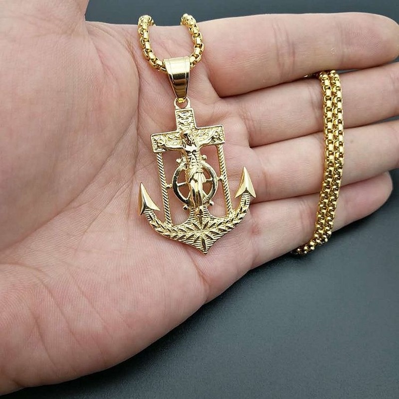 Kalung Liontin Jangkar Salib Bahan Titanium Steel Lapis Emas Gaya Hip Hop Eropa Amerika Untuk Pria