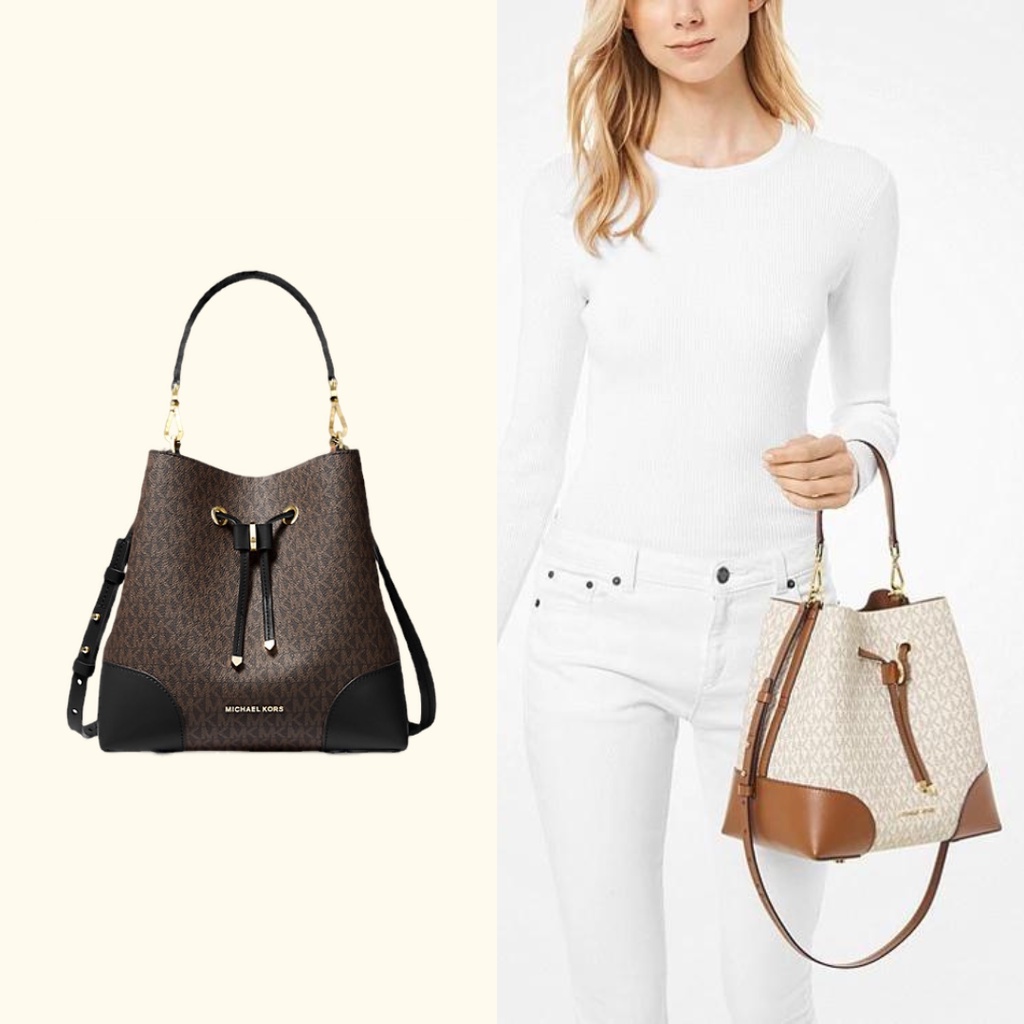 Michael Kors Mercer Bucket Bag Logo Medium/MK Shoulder Bag/MK Woman Bag - Black Brown