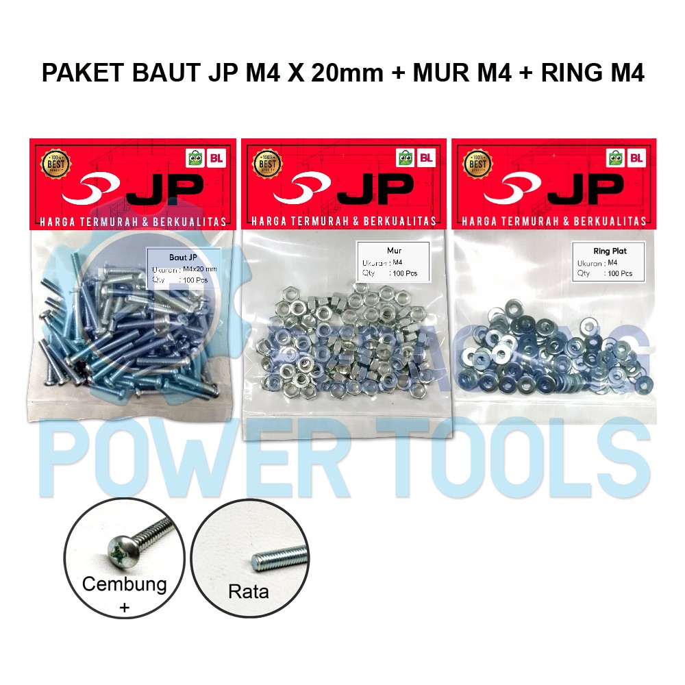 PAKET 3 SET JP M 4x20 BAUT MUR RING PLAT M 4 x 20 MUR M4 ISI 100 PCS