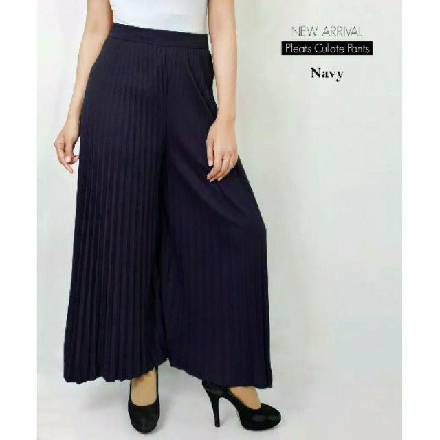 Celana kulot panjang plisket wanita / pleated skirt-NAVY