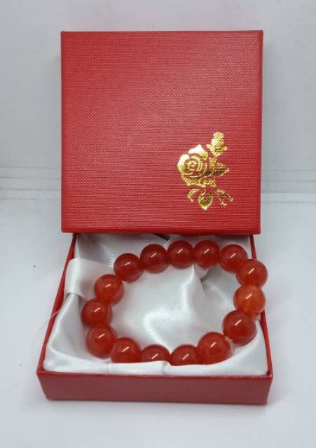 Gelang batu giok merah orange + kotak  12 mm