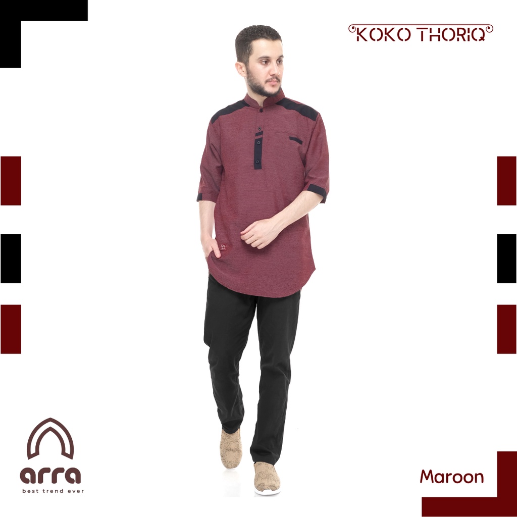 Baju Koko Kurta Thoriq Lengan Pendek Dewasa Pria Laki Ukuran Jumbo S/M/L/XL/XXL Bahan Oxford Denim Atasan Muslim Lebaran Koko Pakistan Modern Kemeja Tangan Kantong