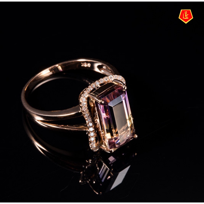 [Ready Stock]Ametrine Tourmaline Colored Gems Women's Ring 18K Rose Gold Elegant Fashion