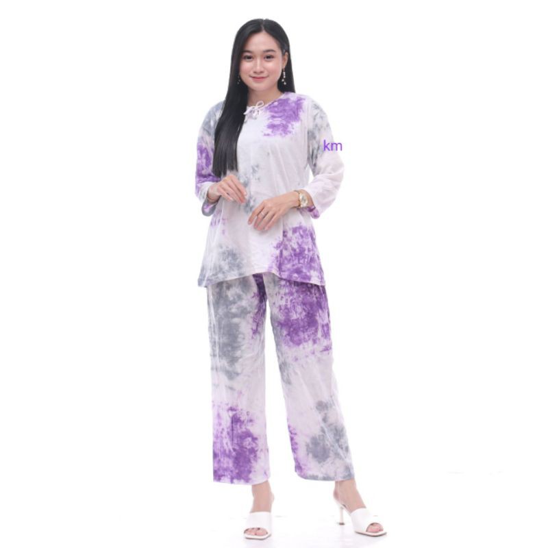 Setelan CP Kaos Tiedye One Set celana panjang wanita Piyama Tie Dye Bali Adem Murah Kekinian-Ungu
