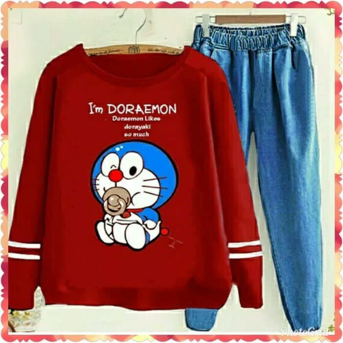 Setelan Br Kotak / Setelan Baju Dan Celana Fashion Wanita / Setel PJ308 Setelan Denim Doraemon Baby