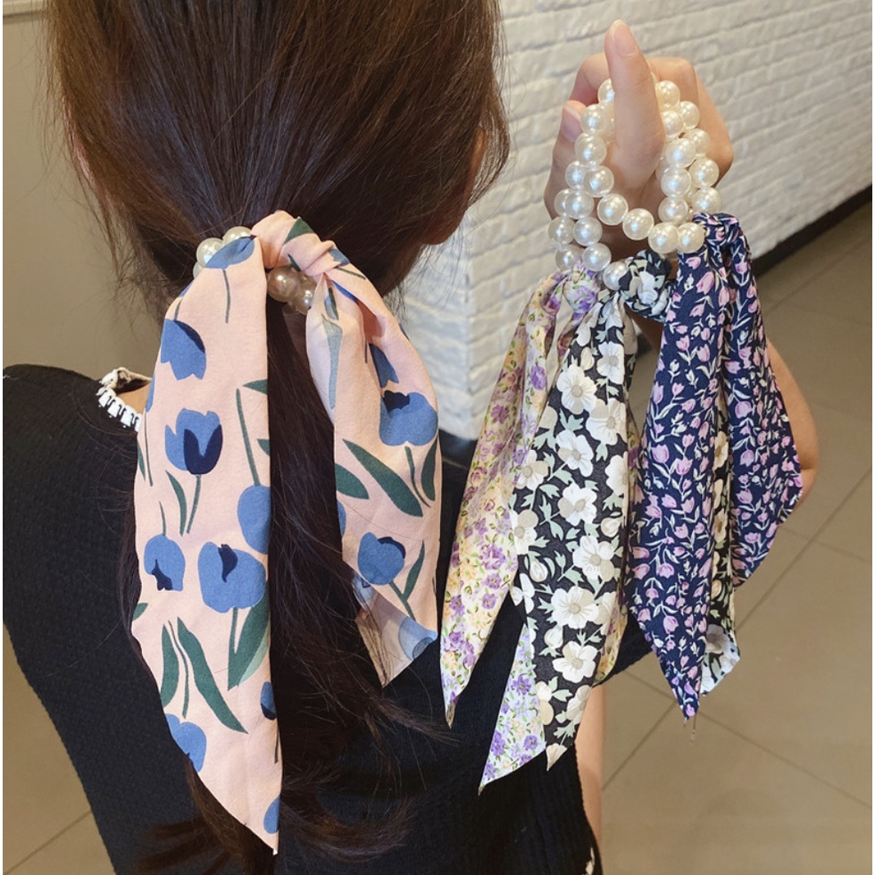 Ikat Rambut Mutiara Aksen Kain Scarf RIbbon Motif Wanita Korea Hair Fashion Aksesoris rambut / Ikat rambut Pita anak dan Dewasa ACC01