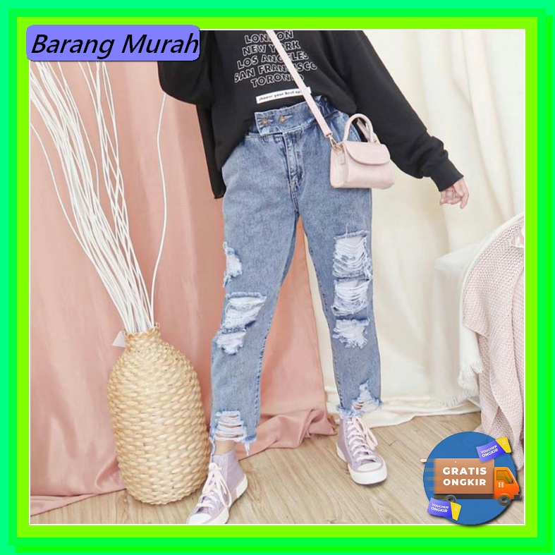 Ripped Baggy Pants Jeans Levis Kulot Highwaist Sobek Sobek Karet  VZ450 Bjd - Celana Bf Jeans Wanit