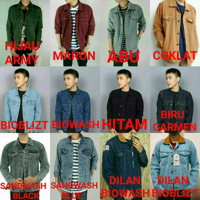 PROMO Jaket jeans levis XXL pria cowok hijau army bioblizt biru pudar biru dongker hitam maron dilan