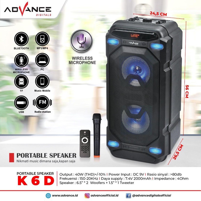 Advance K-6D Speaker Bluetooth Portable 6,5  inch / K6D Free 1 pc Mic Wireless - X POWER BAS