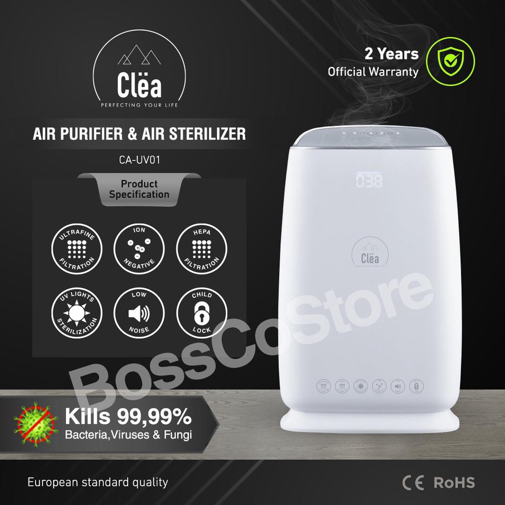 CLEA Air Purifier 3 in 1 HEPA Filter + UV Sterilizer + Ion negatif (HEPA 13 UVC pembersih udara)