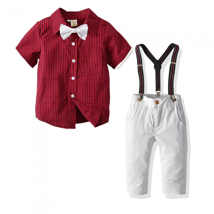 Setelan Plaid Red set White Pants with Suspender