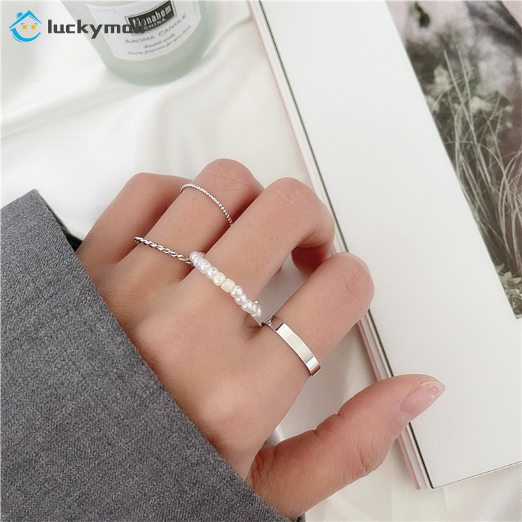 4pcs / Set Cincin Manik-Manik Warna Silver Gaya Korea Untuk Wanita