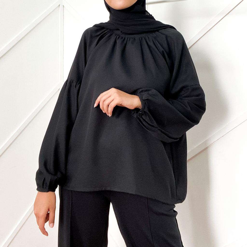 'SILVA BLOUSE - Baju Blouse atasan Higt Neck ( Leher Kerah Tinggi) LD 130 Ruffles Tangan Panjang uju
