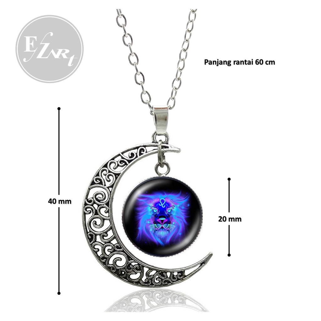 KALUNG ZODIAK LIONTIN BULAN SABIT KACA BULAT CEMBUNG RANTAI STAINLESS STEEL ZODIAC NEON BIRU