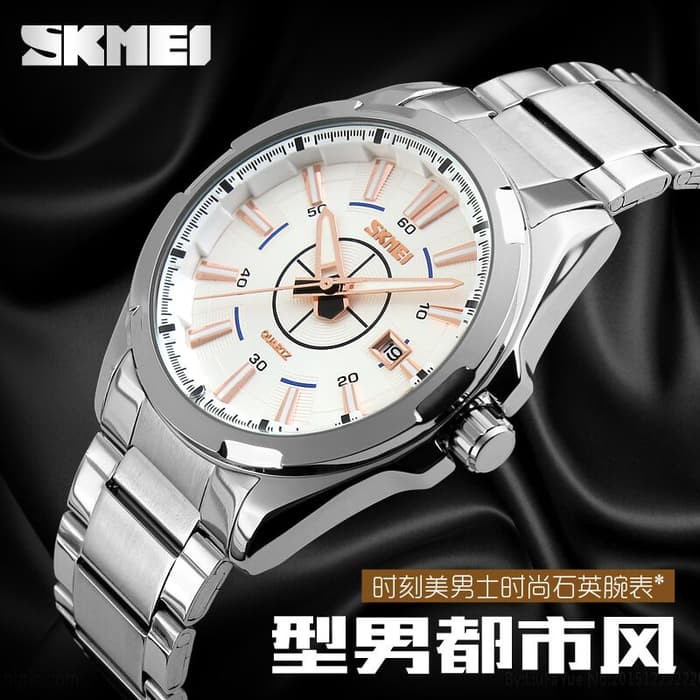 Jam Tangan Pria SKMEI 9118 Analog Date Strap Stainless Model Kasual Kekinian Terbaru