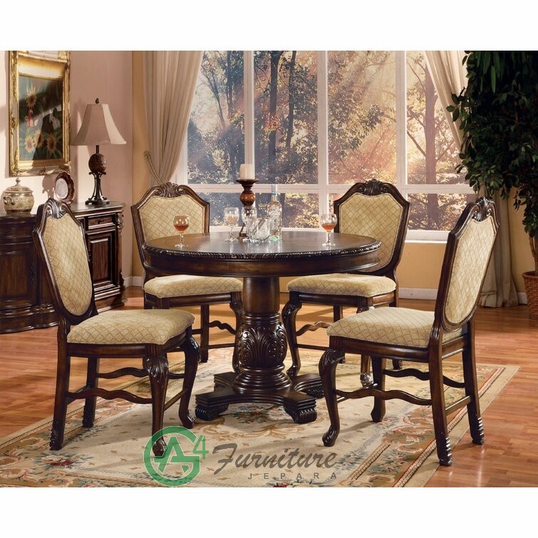 Set Meja Makan Bundar Jati Mewah 4 Kursi Rangka Kayu Jati