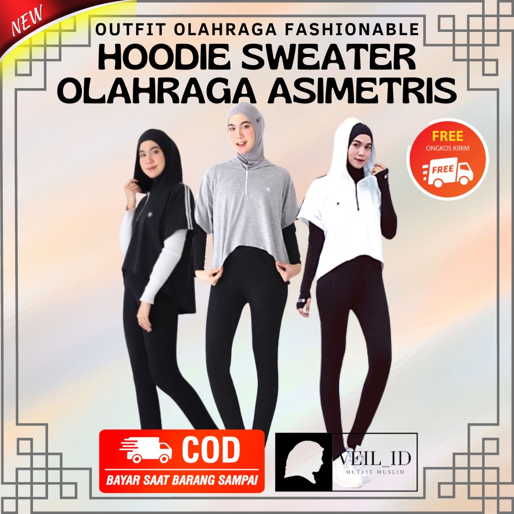 [Bisa COD] Outfit Olahraga Hoodie Sweater Wanita Asimetris, Jaket Sporty Jogging Sepeda Lari Modis