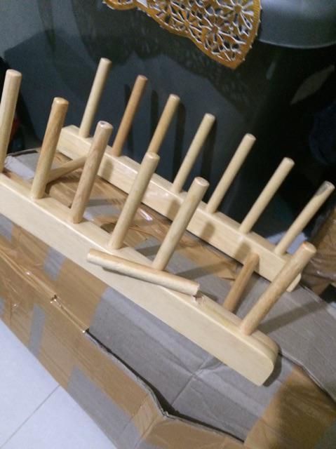 Set Rak Piring + Piring Makan Enamel 6 Pcs. Paket Hemat Piring Dan Rak Piring Kayu Pinus