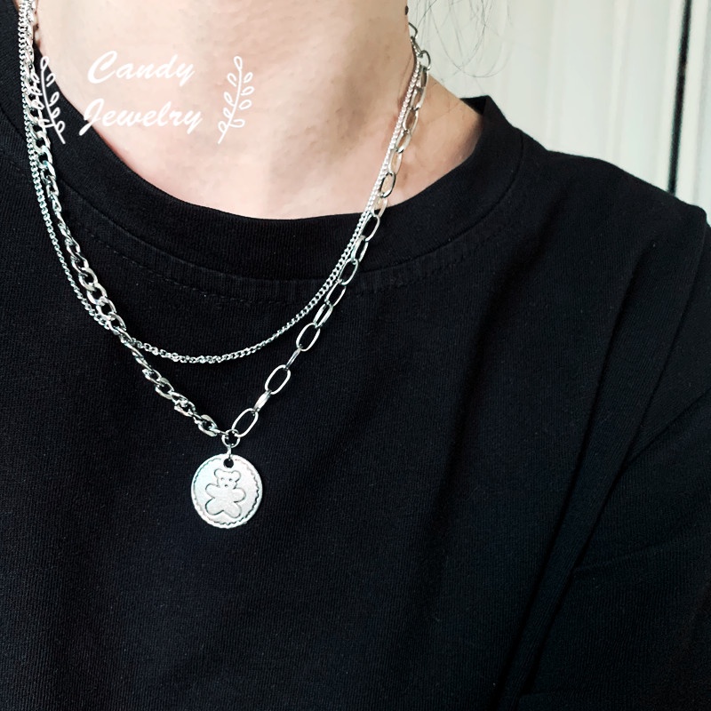 Candy Jewelry Fashion Hip Hop Necklace Metal Double Layer Bear Pendant Necklaces Couple Sweater Chain Men Women