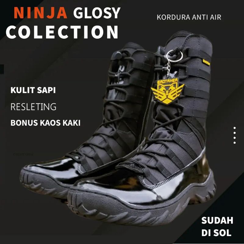 SEPATU PDL NINJA KULIT KILAP GLOSY PAKAI RESLETING OUTSOLE KARET SUDAH DI SOL KELILING