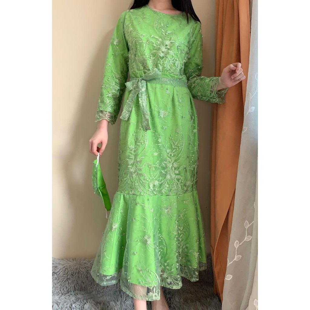 Ken-237 Busana Gamis Long Dress kondangan Muslim Hijab Wanita Dress Pesta Korean Look Model Duyung Premium Full Tulle High Quality-Hijau stabilo
