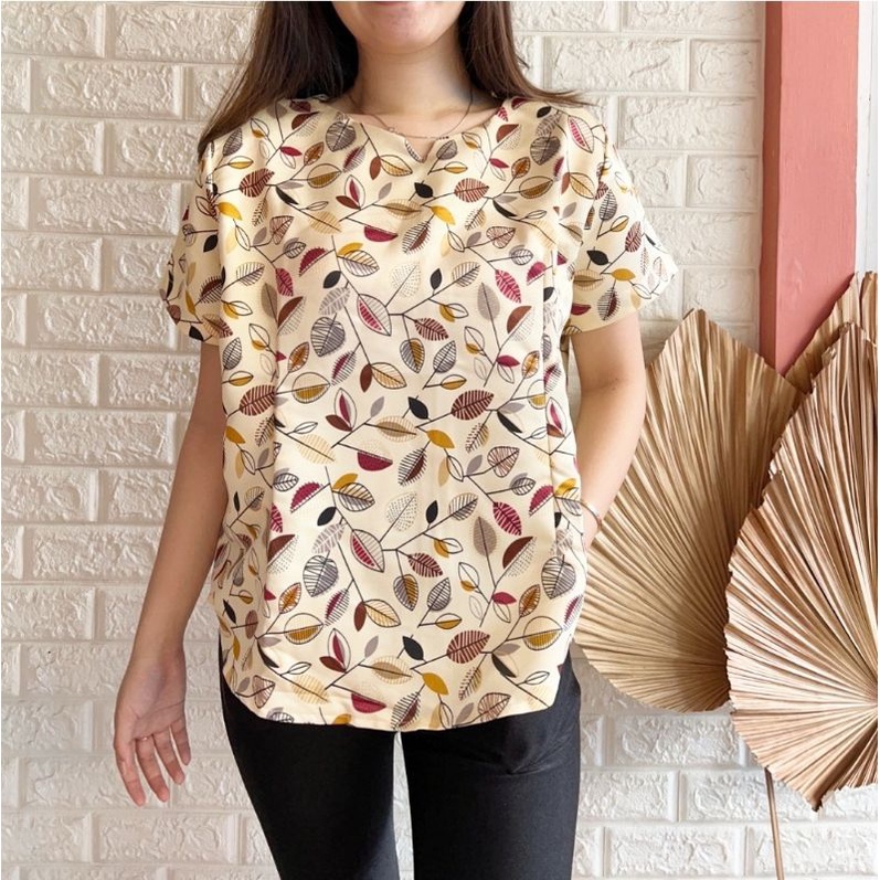 DELIGHTLINE LITTLE V NECK ALMOND TREE / VALENTINE FLOWER - CASUAL BLACKOUT BLOUSE TEBAL BASIC FLOWER-8