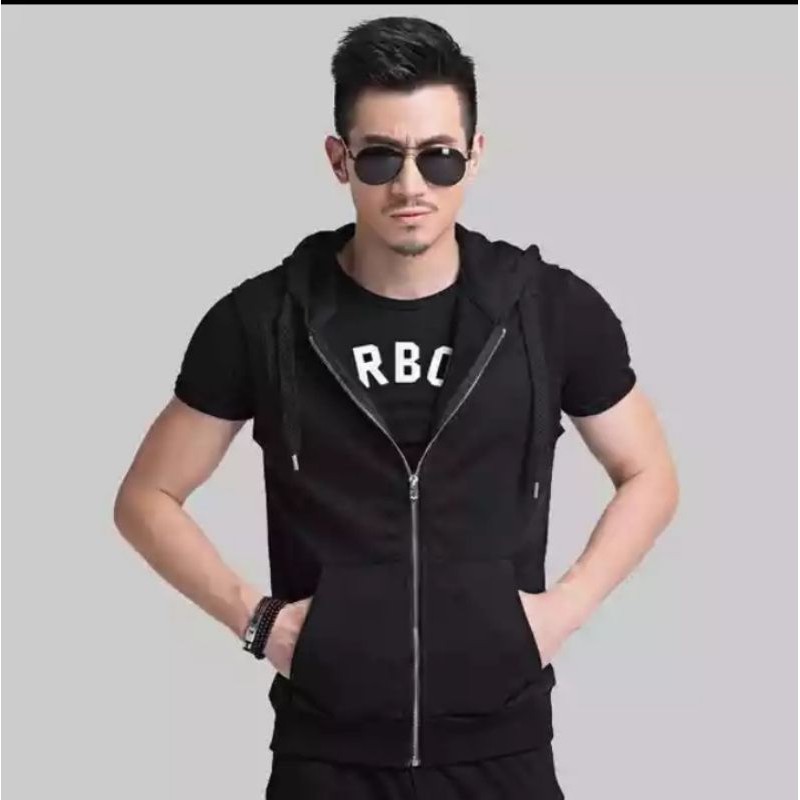 Rompi hoodie pria singlet gym zipper polos