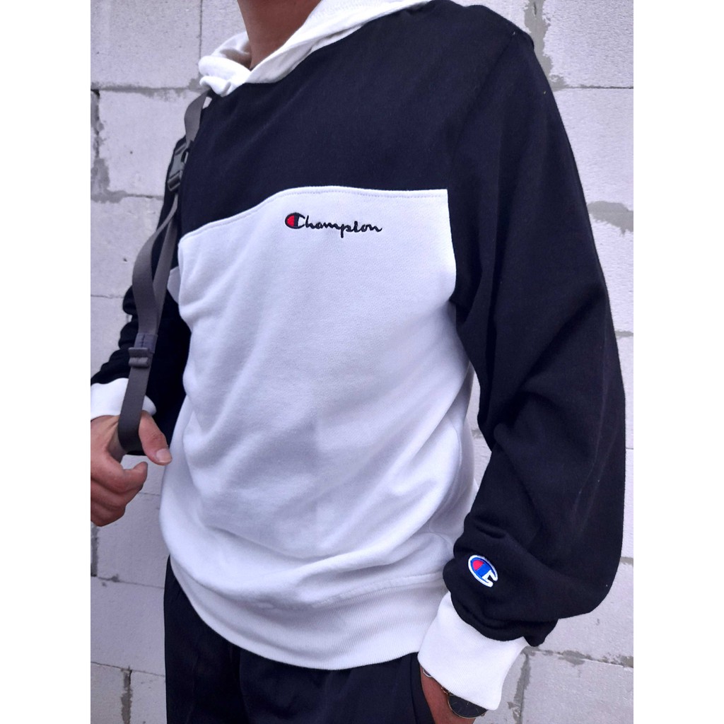 Sweater Hoodie Two Tone Champion-Jaket Hoodie Champion Hitam Putih
