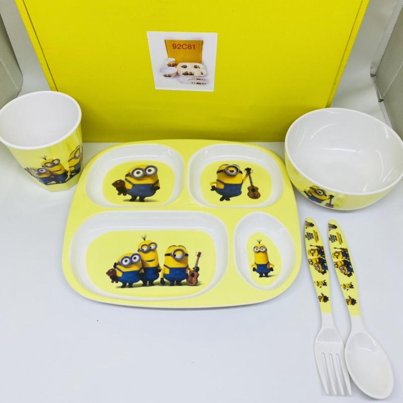 set peralatan makan anak bayi piring sekat 4 mangkok gelas sendok garpu melamin minions doraemon tho