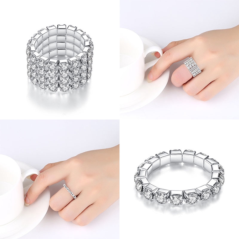 Cincin Wanita Korea 1 / 2 / 3 / 4   Bersinar Berlian Imitasi Elastis Ukuran Disesuaikan