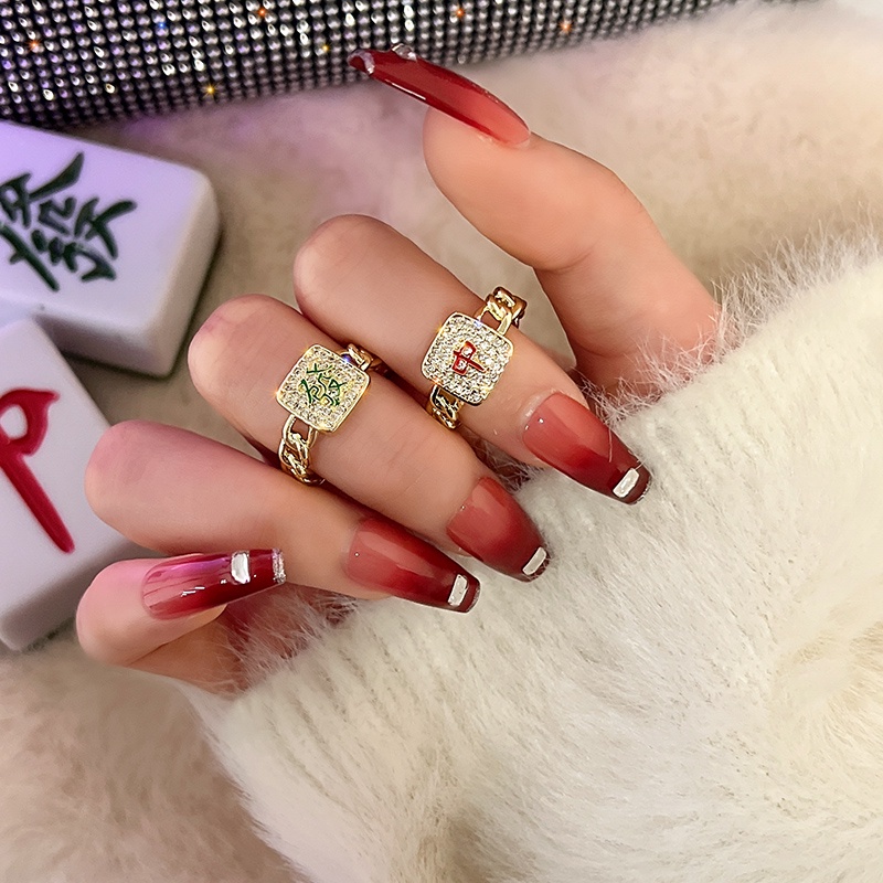 Cincin Jari Telunjuk Model Terbuka Dapat Disesuaikan Desain Mahjong Uang Merah Untuk Wanita