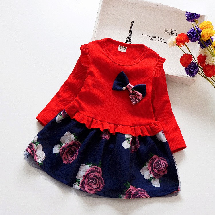 156274-motif red dress anak perempuan gaun model splicing bahan katun dan motif bunga bergaya