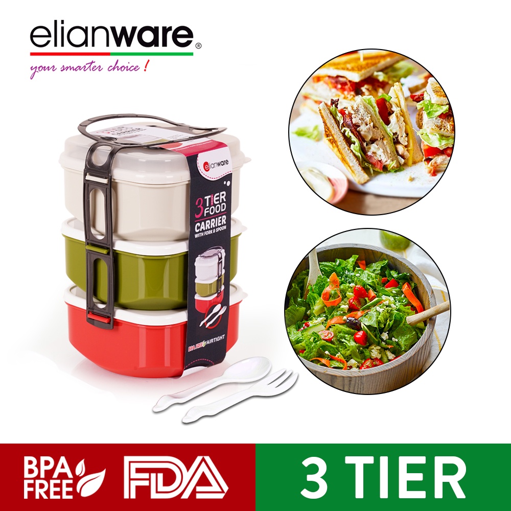 ELIANWARE 3 Layer Tier Microwaveable BPA Free Square Tiffin Food Carrier Lunch Box with Spoon & Fork