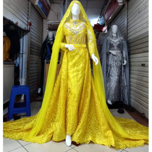 Kebaya pengantin modern warna kuning kenari atau kuning lemon