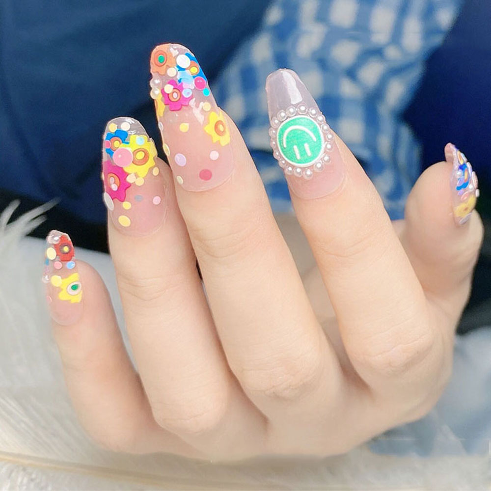 ELEGANT Salon Nail Water Slide Decals Japanese Nail Decoration Smiley Nail Sticker Embossed New Colorful Self-Adhesive Cartoon Flowers DIY Nail Art