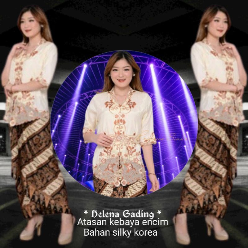 Atasan Kebaya encim modern katun silky import kombinasi brukat bordir lengan 3/4 senada wanita