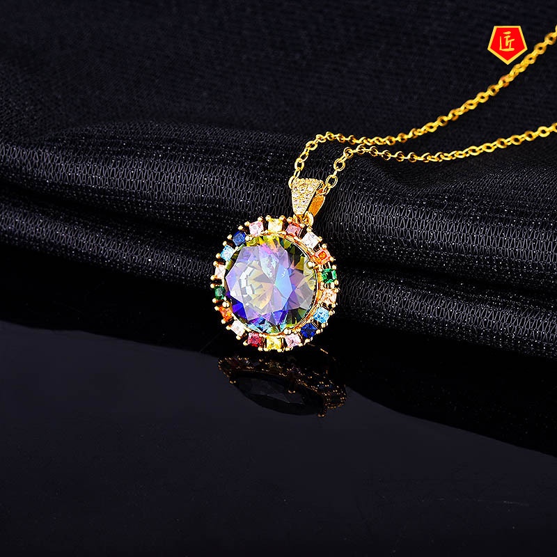 [Ready Stock]10 Karat Shiny Diamond Pendant Luxury Colorful Gemstone Necklace for Women